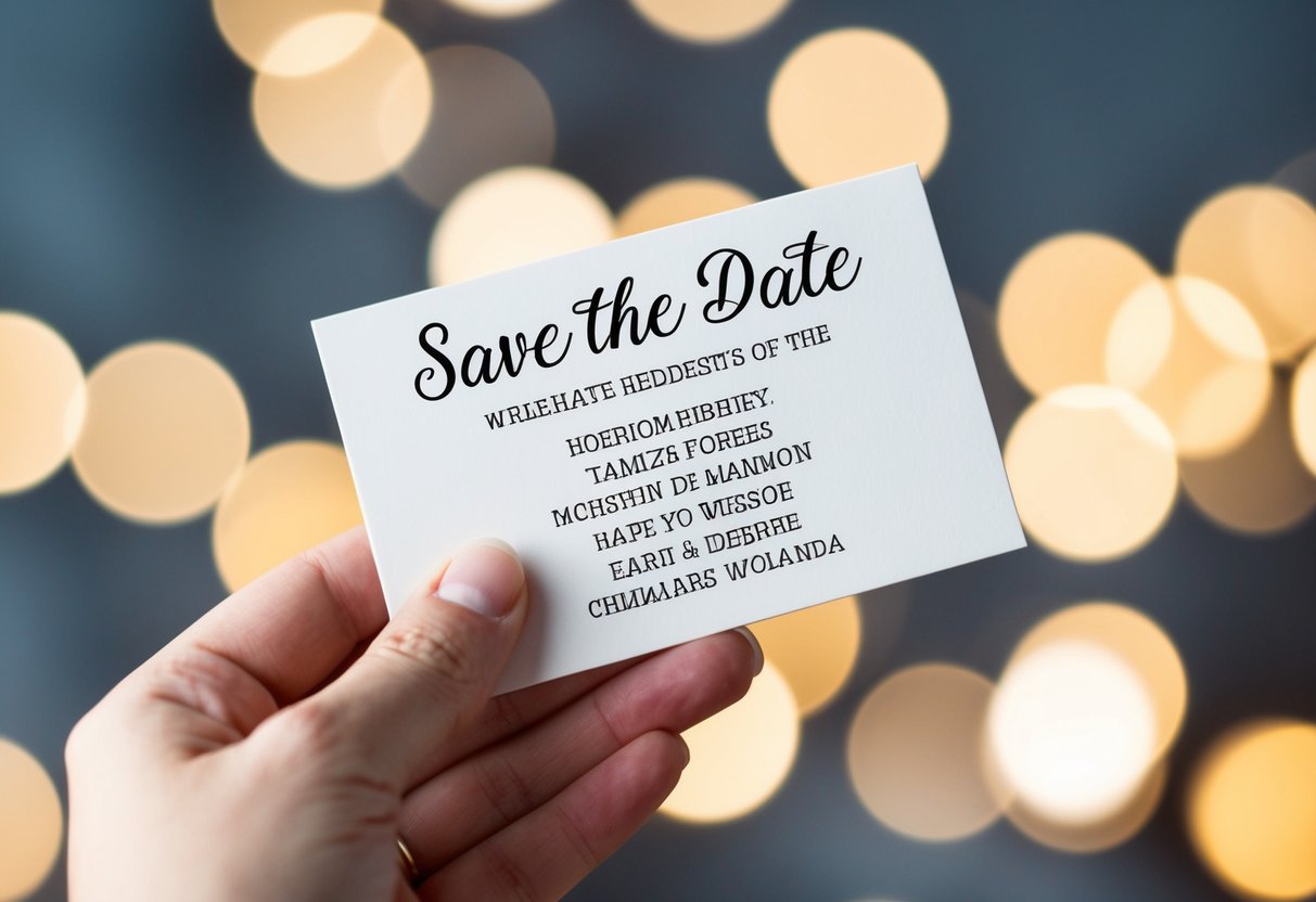 A hand holding a save the date card with a list of full names and details written on it