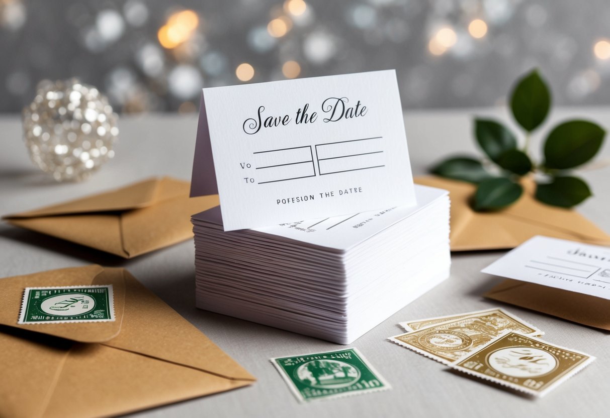 A stack of elegant save the date cards with blank spaces for names, surrounded by envelopes and stamps