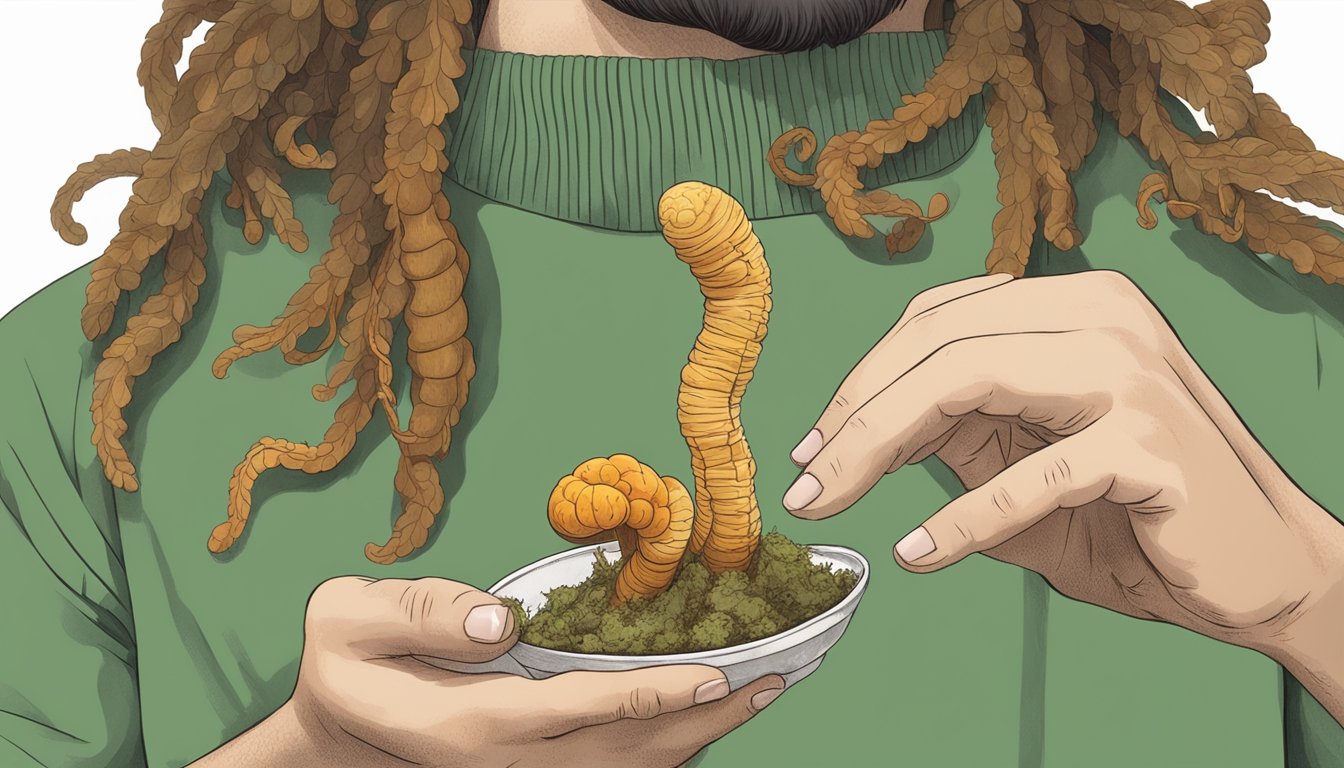 A person holding a cordyceps mushroom in one hand and a dosage guide in the other, with a questioning expression on their face