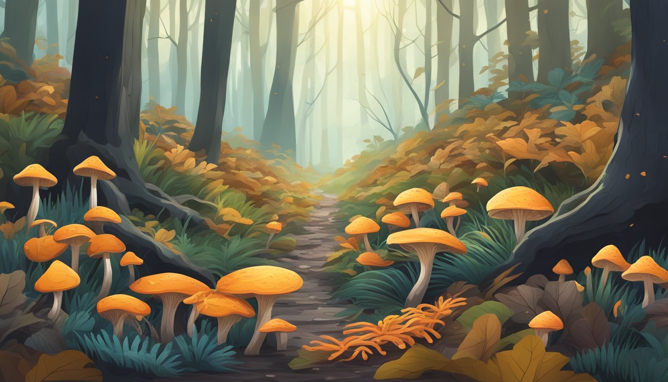 A serene forest floor with vibrant cordyceps mushrooms growing among fallen leaves and twigs