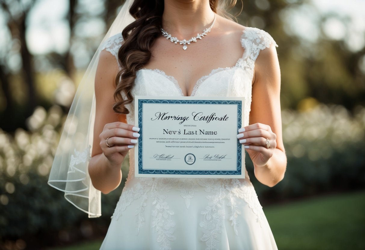 A bride holding a marriage certificate with a new last name