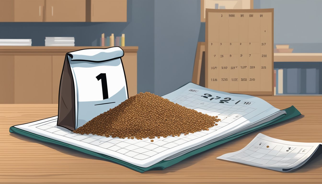 An open bag of expired flaxseed next to a calendar showing the date