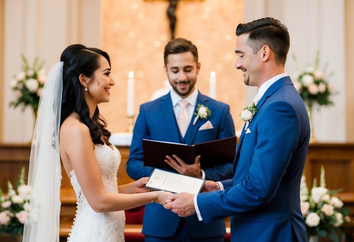 A bride and groom standing at an altar, with the groom handing the bride a document with his last name written on it