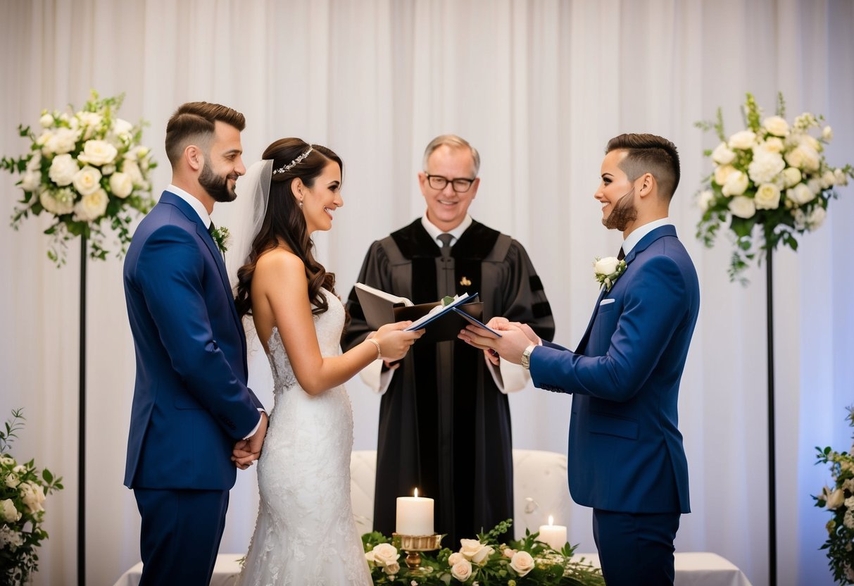 A bride and groom standing at a marriage altar, with the officiant holding a clipboard and pen, ready to record the bride's decision on her surname adoption