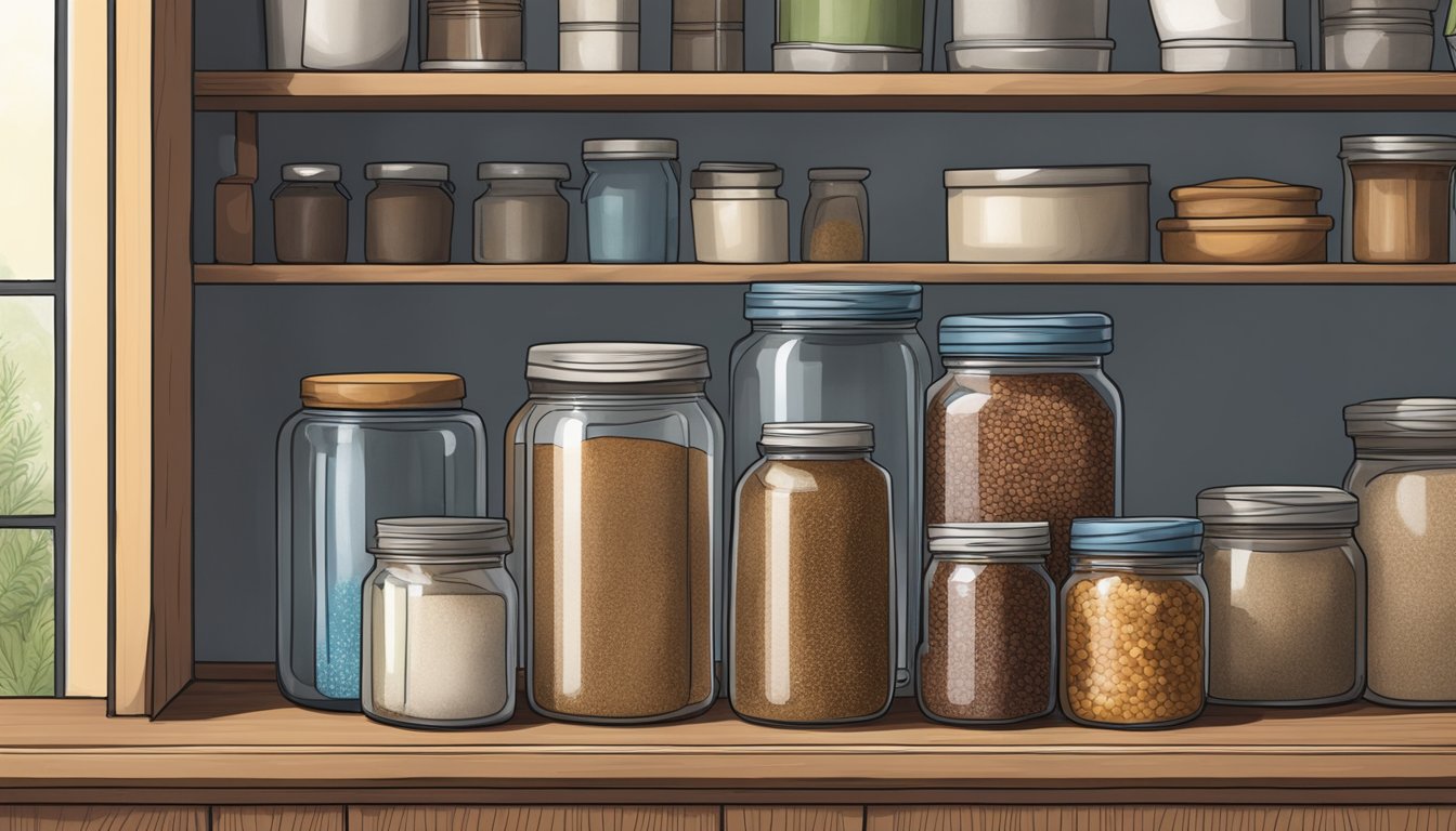 A jar of expired flaxseed sits on a dusty shelf next to other forgotten pantry items