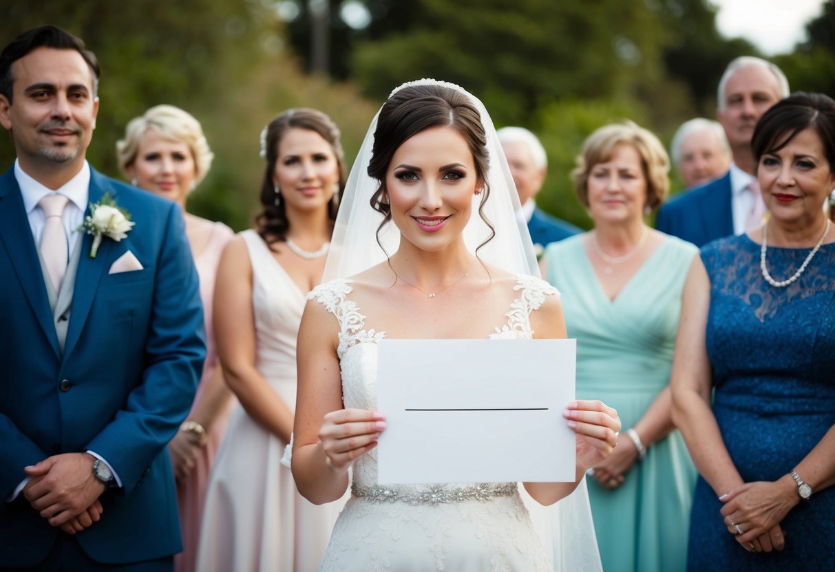 A bride holding a marriage certificate with a blank space for her last name. Family and friends look on expectantly