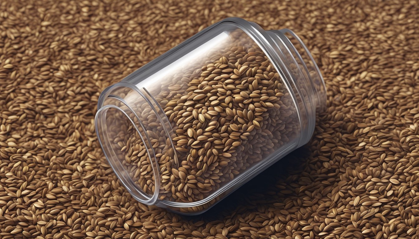 A pile of expired flaxseeds in a sealed container, with a visible expiration date