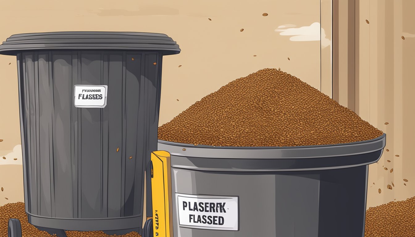 A pile of expired flaxseeds being thrown into a trash can, with a caution sign beside it