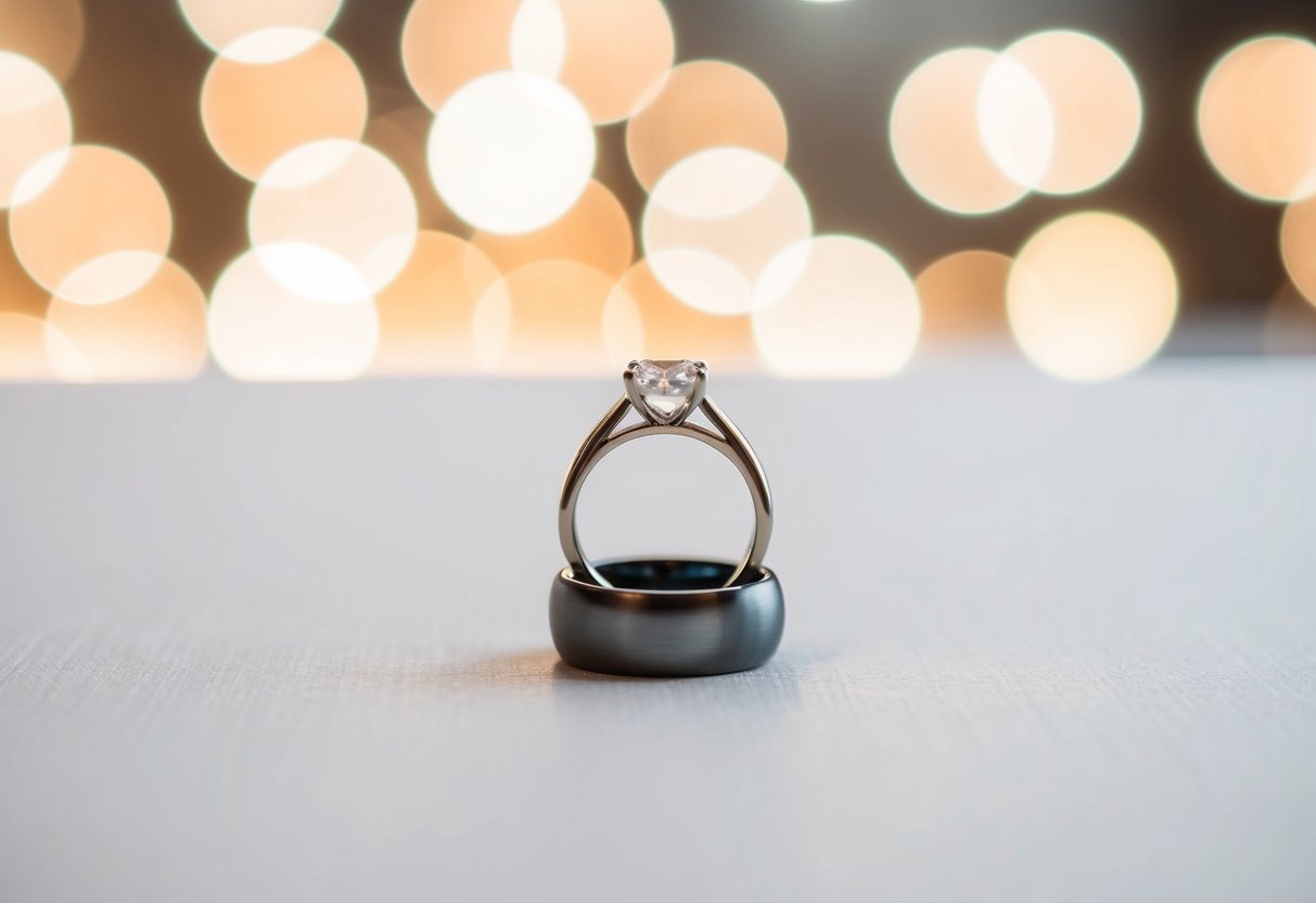 A wedding ring being placed on a blank surface