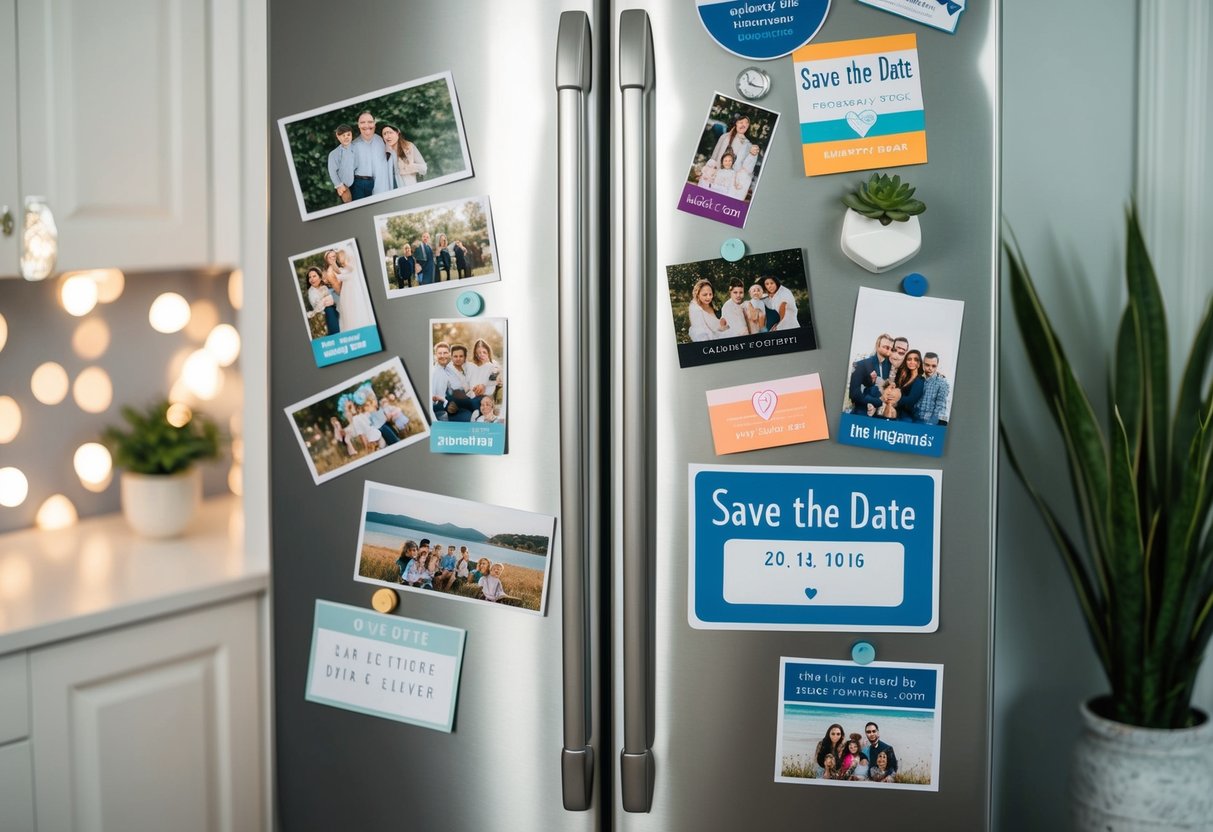 A refrigerator door adorned with a variety of save the date magnets, holding up photos, artwork, and reminders