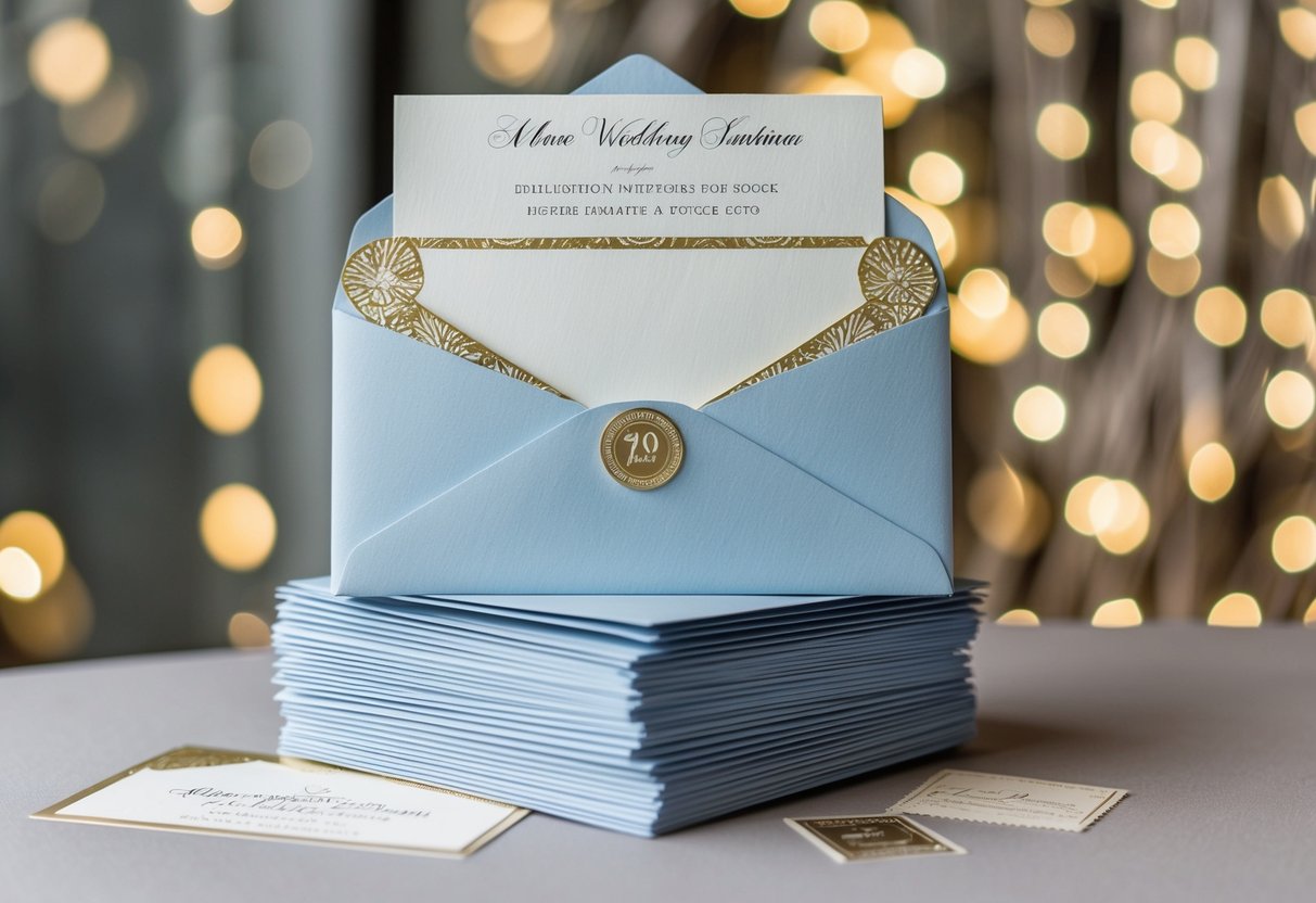 A stack of elegant wedding invitations with matching envelopes and stamps, ready to be sent out