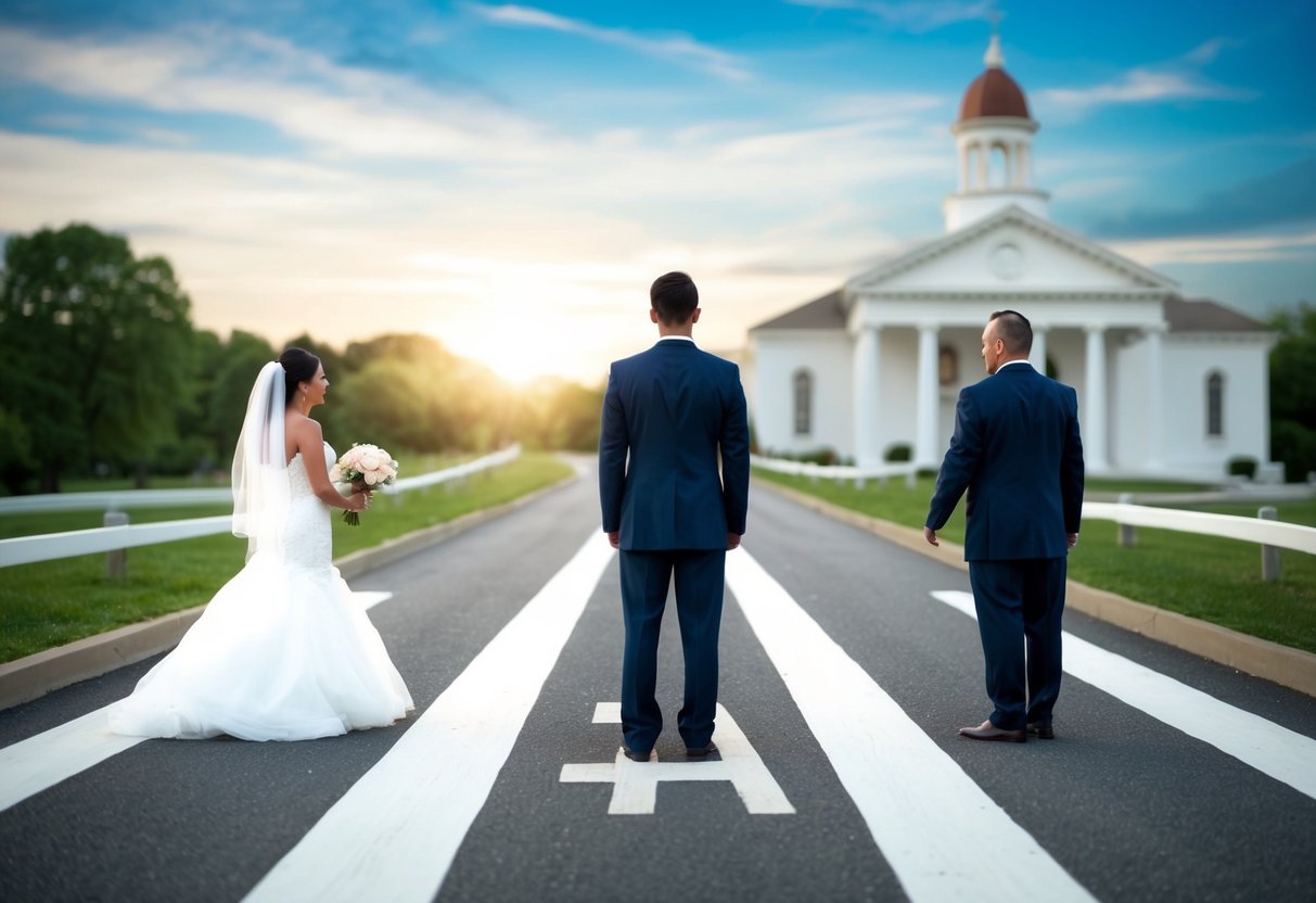 A person standing at a crossroads, with one path leading to a traditional wedding ceremony and the other to a courthouse for a legal name change