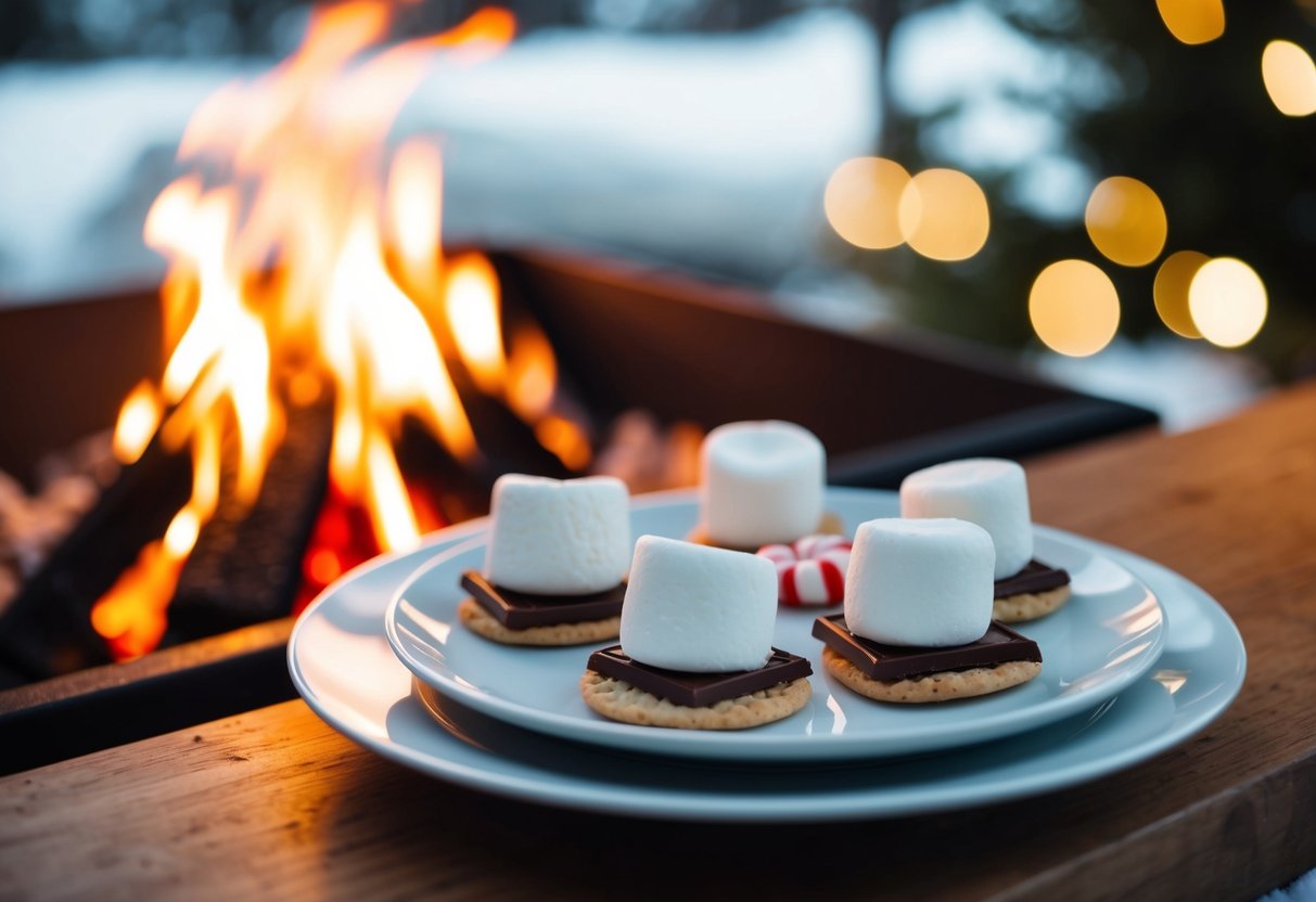 A cozy winter scene with a crackling fire, marshmallows roasting, and a plate of peppermint s'mores with dark chocolate