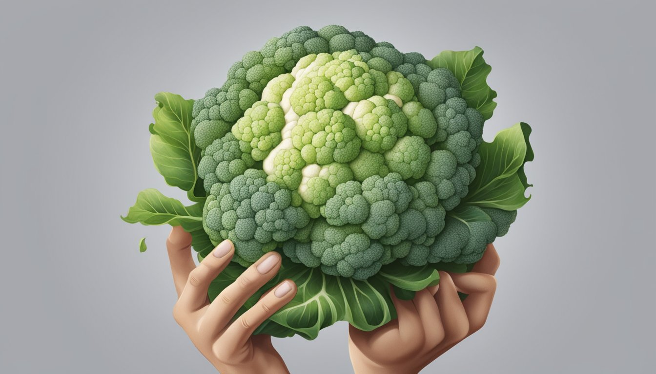 A person holding an unripe cauliflower, looking puzzled