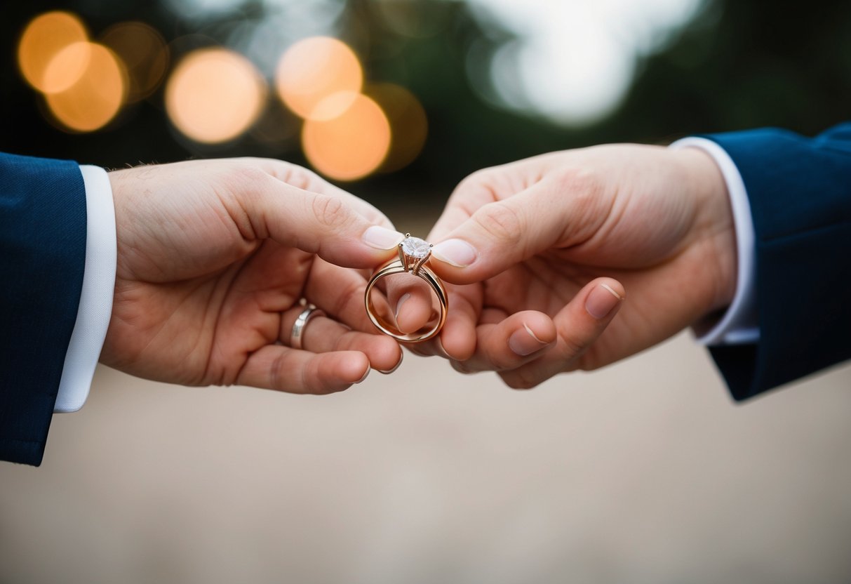 A couple exchanging rings with intertwined initials