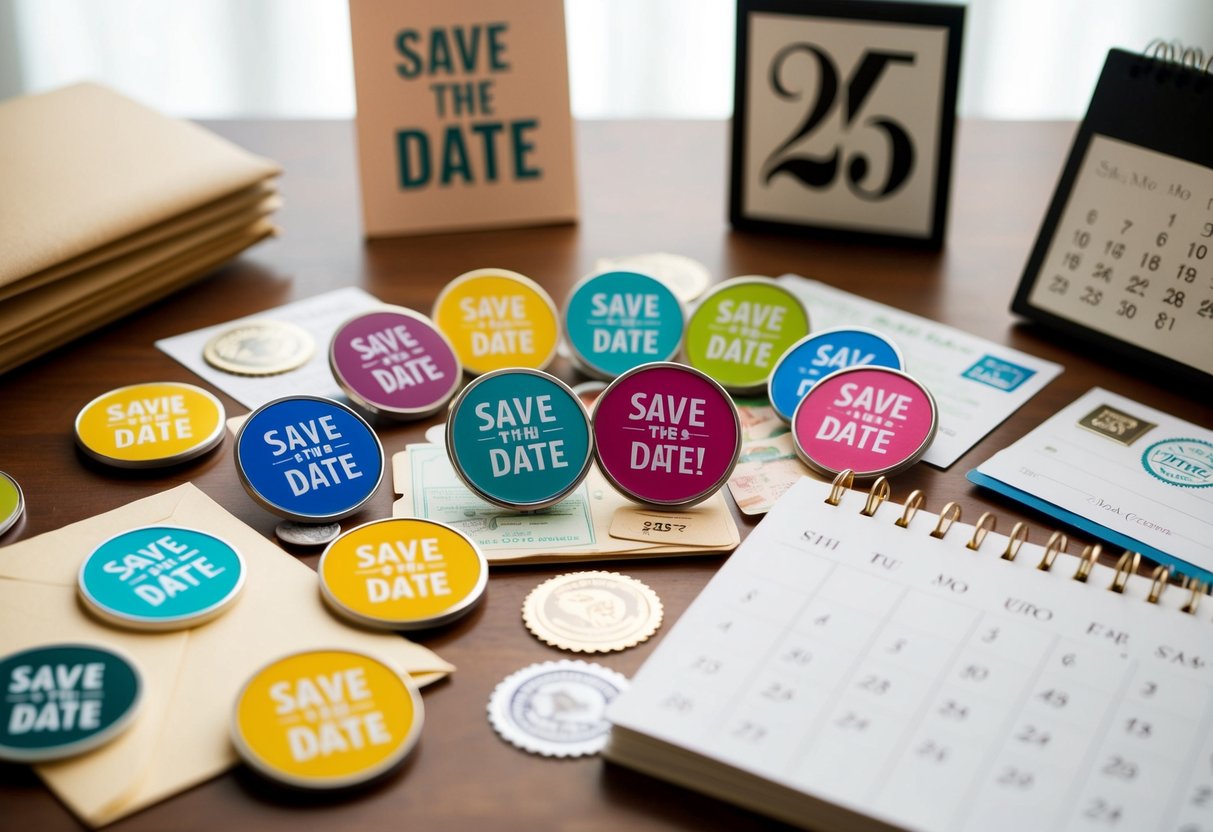 A collection of colorful save the date magnets arranged on a table, surrounded by envelopes, stamps, and a calendar