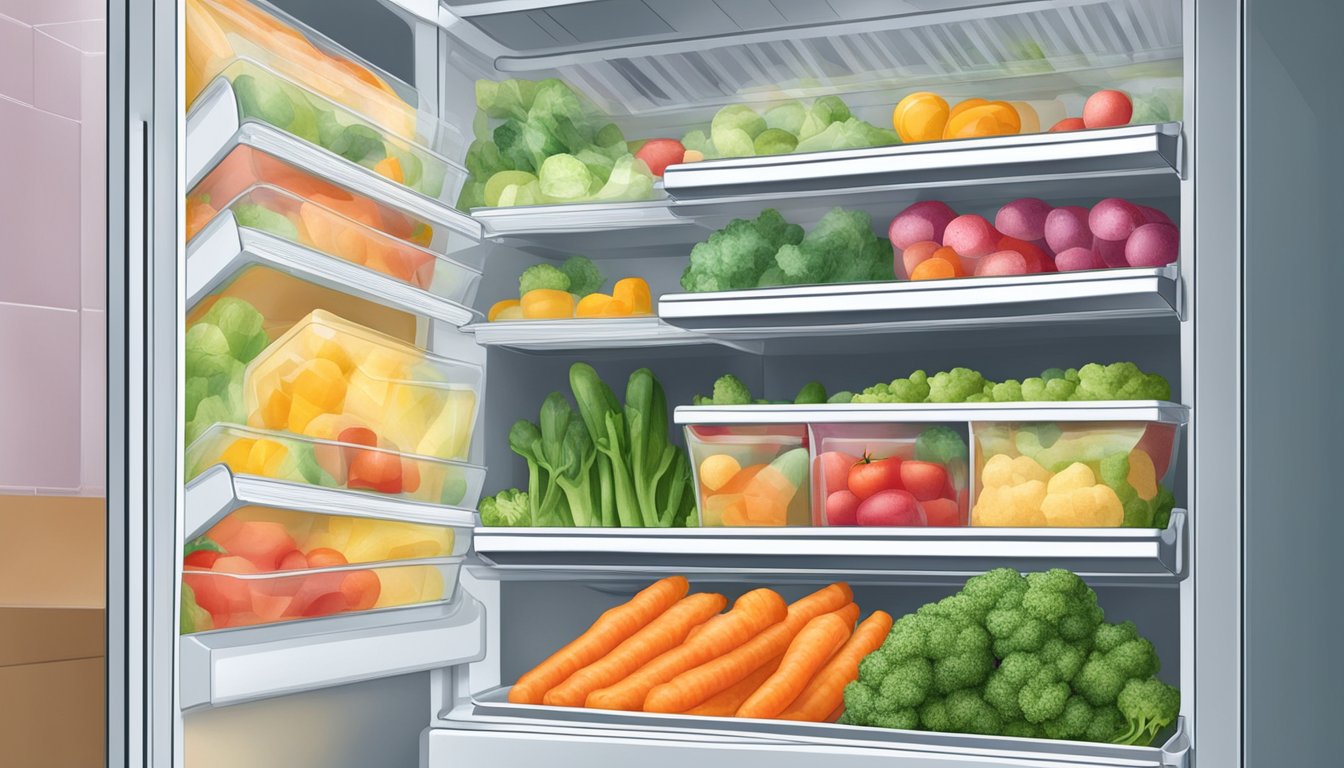 A freezer with various frozen vegetables inside, labeled with expiration dates