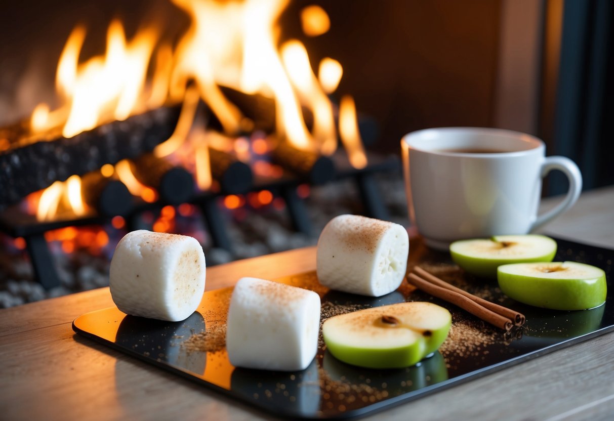 A cozy winter scene with a crackling fire, marshmallows roasting, and apple slices dusted with cinnamon