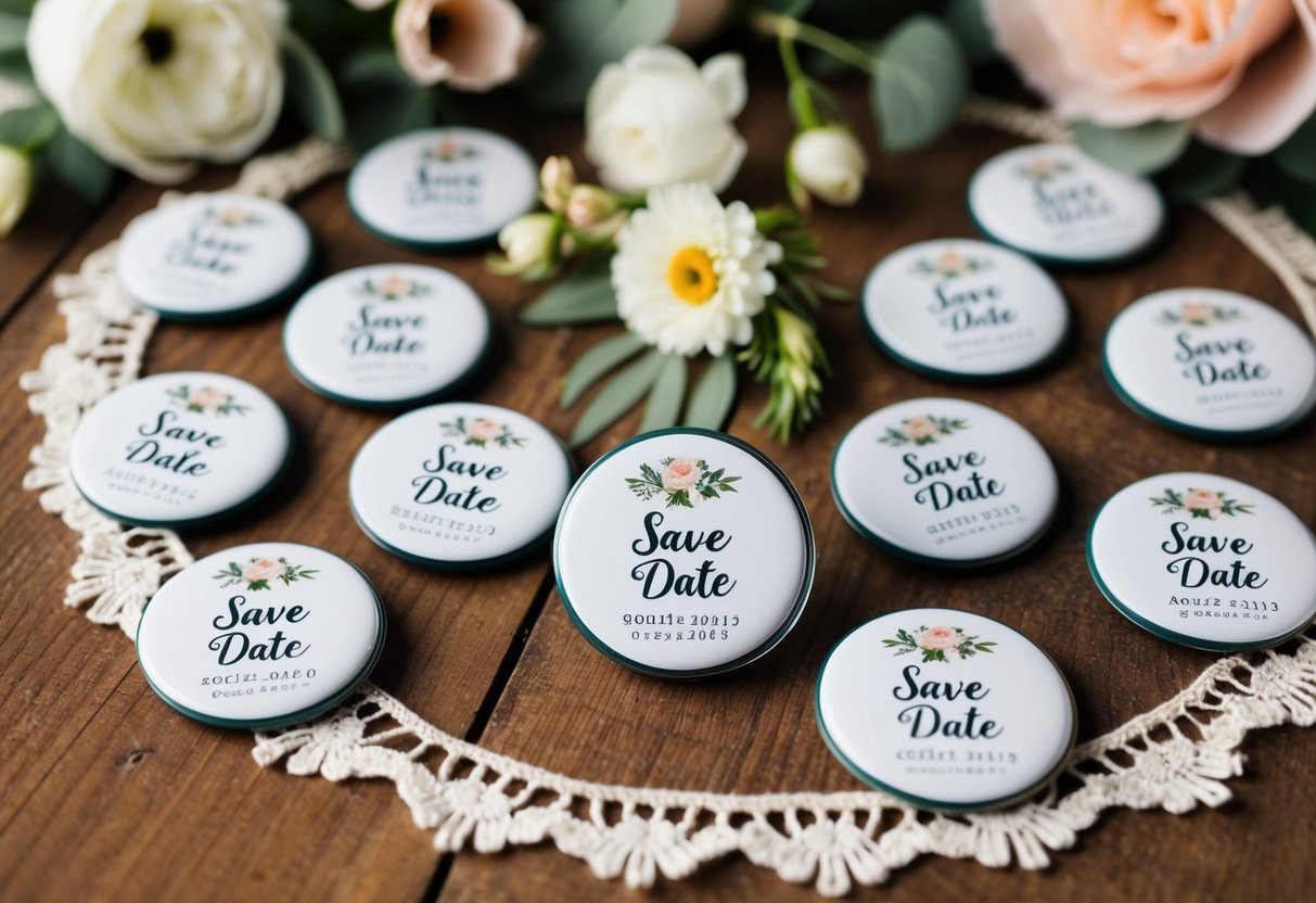 A collection of wedding-themed save the date magnets arranged on a rustic wooden table with floral decorations and vintage lace accents