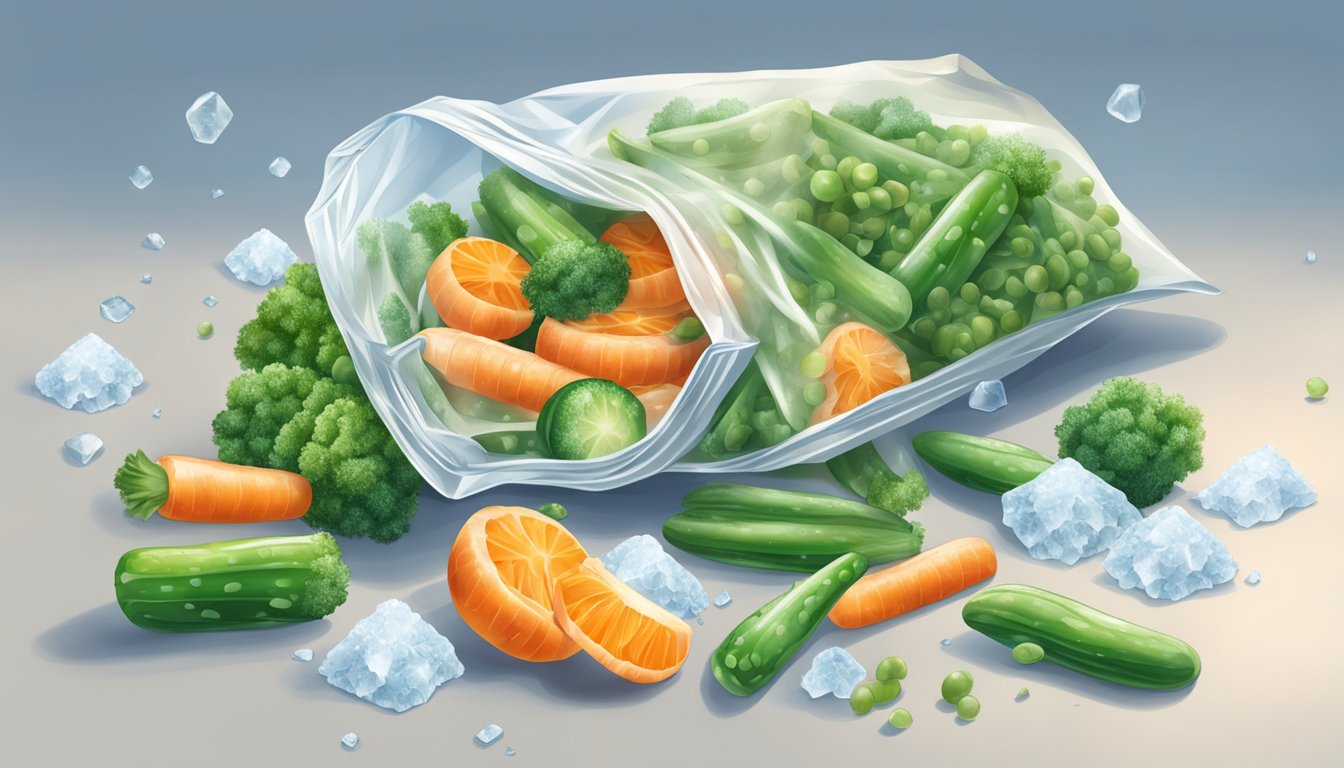 A pile of expired frozen vegetables spilling out of a torn open bag, with frost and ice crystals covering the packaging