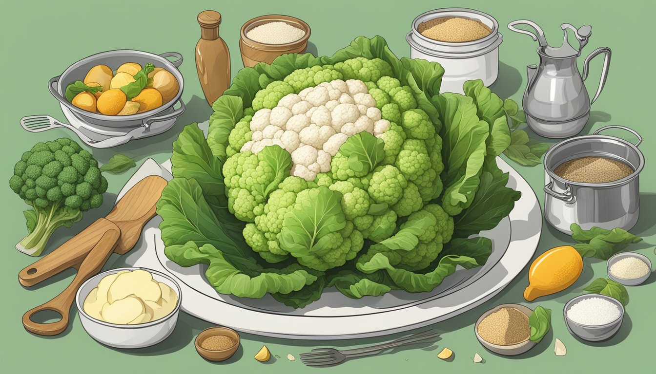 A whole unripe cauliflower with a question mark above it, surrounded by various cooking utensils and ingredients