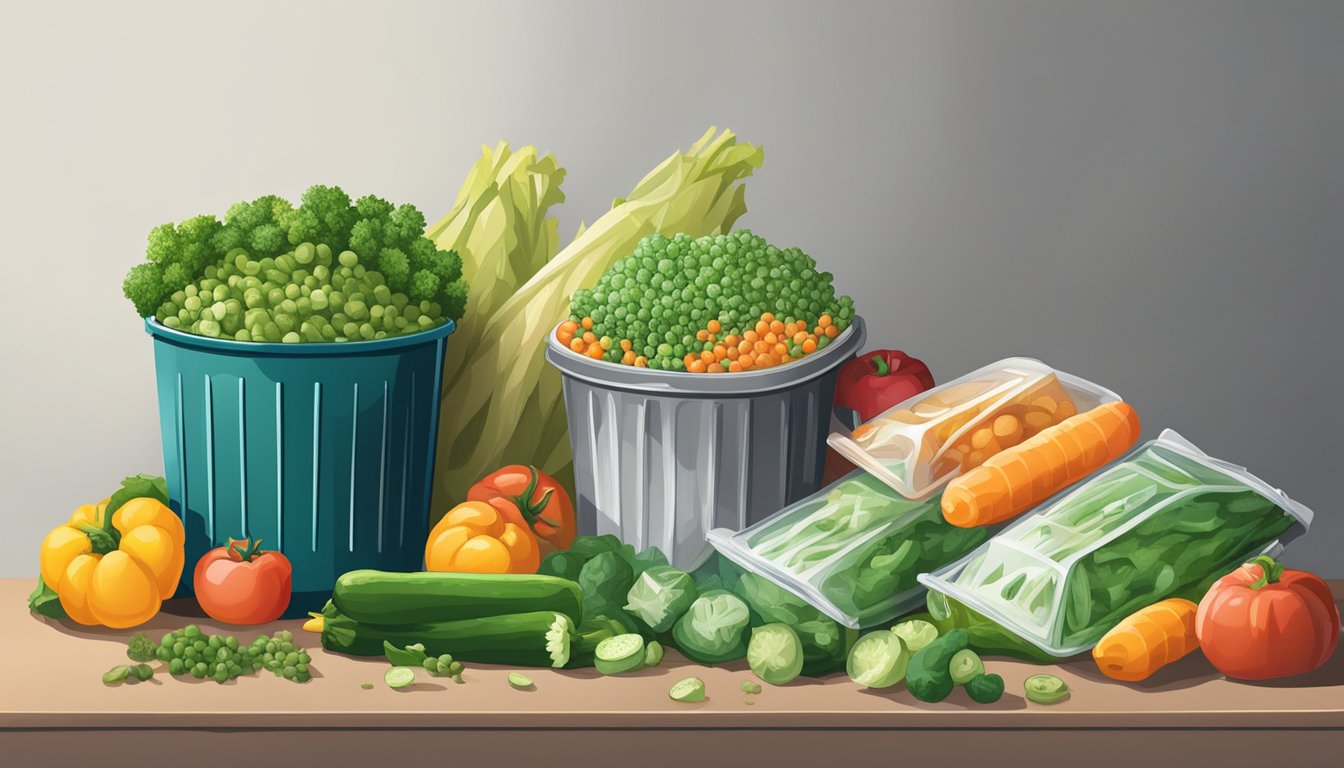 A pile of expired frozen vegetables next to fresh produce and a trash can