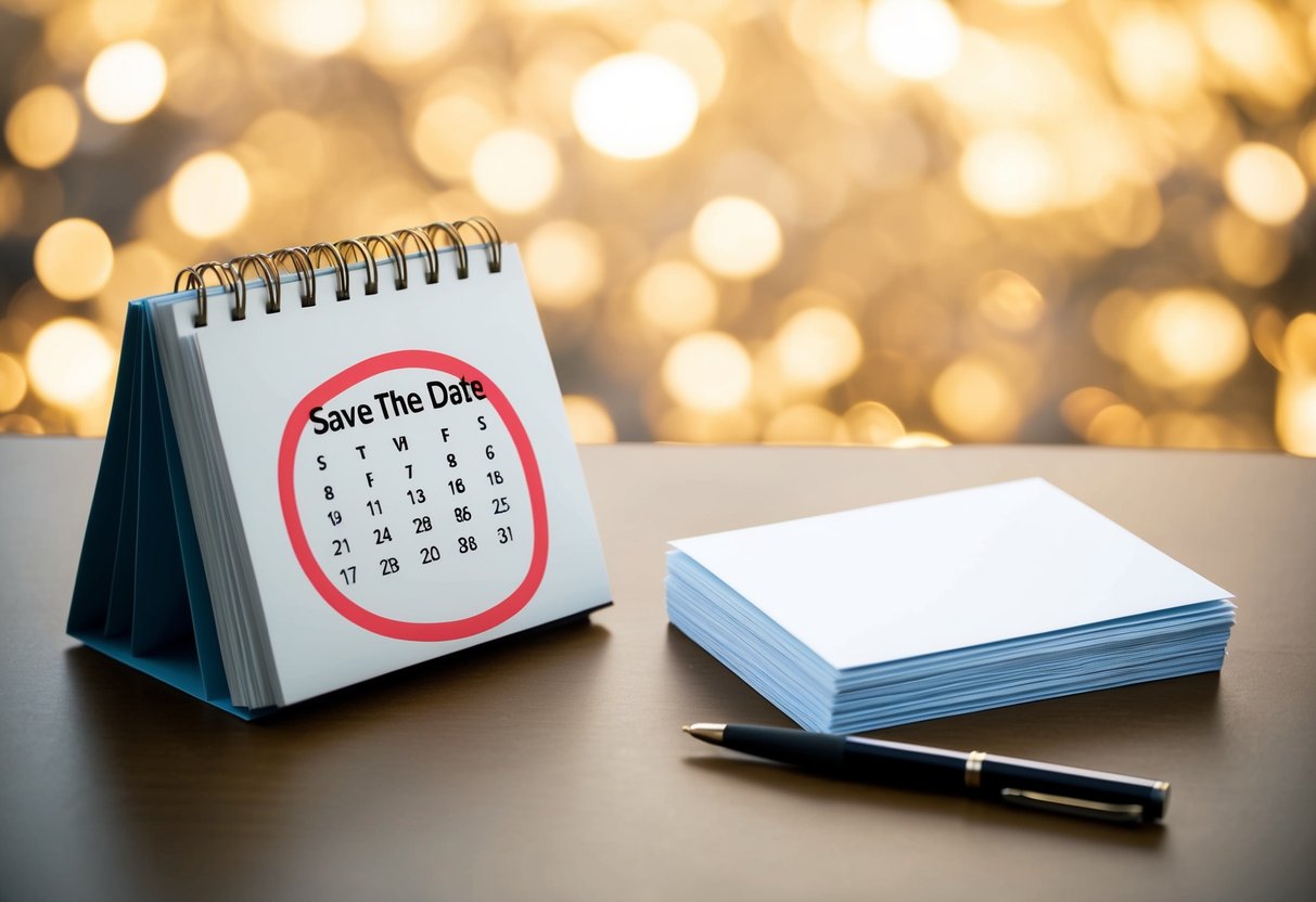 A calendar with a "Save the Date" circled in red, followed by a stack of blank invitation cards and a pen ready to be filled out