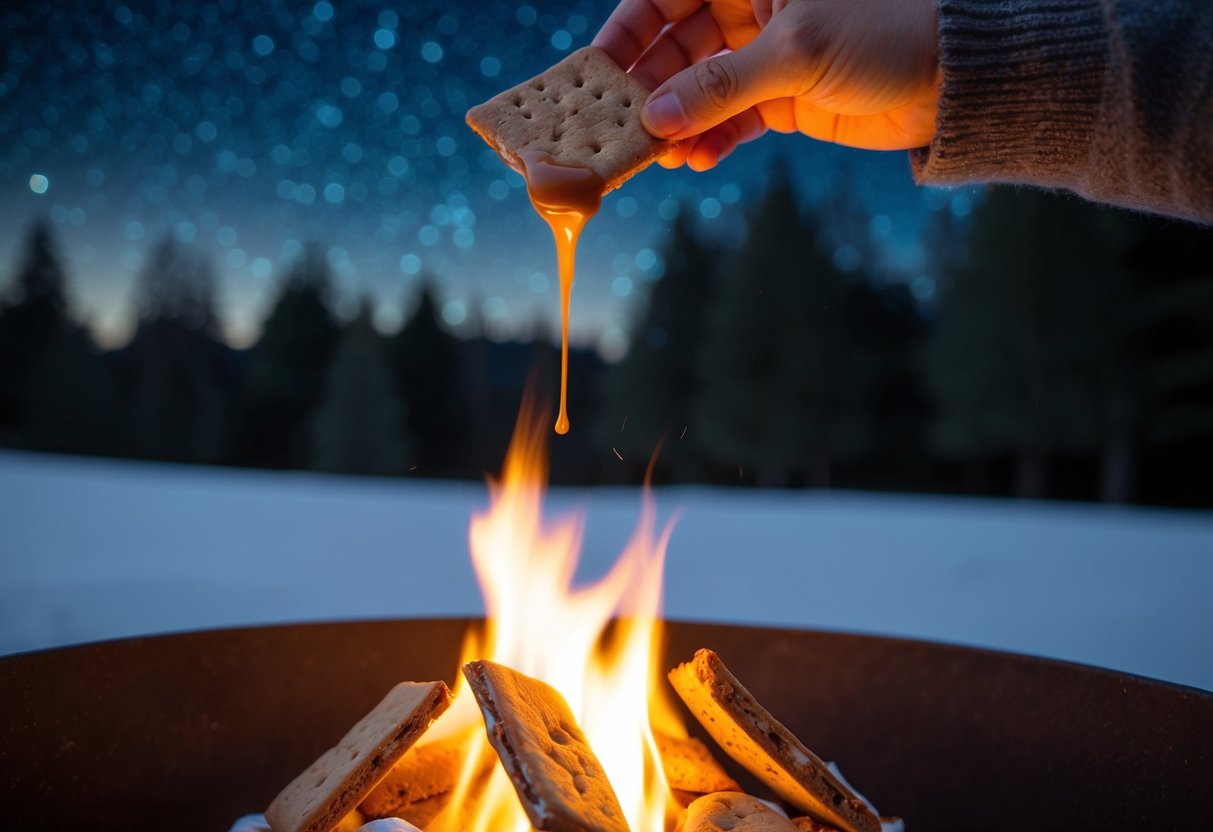A cozy campfire with gingerbread s'mores being drizzled with caramel under a starry winter night sky