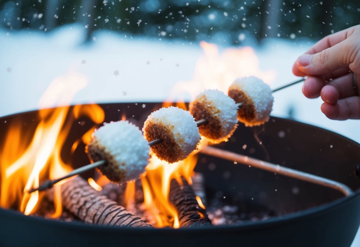 A cozy winter campfire scene with toasted coconut snowball s'mores being roasted on skewers. Snowflakes fall gently in the background