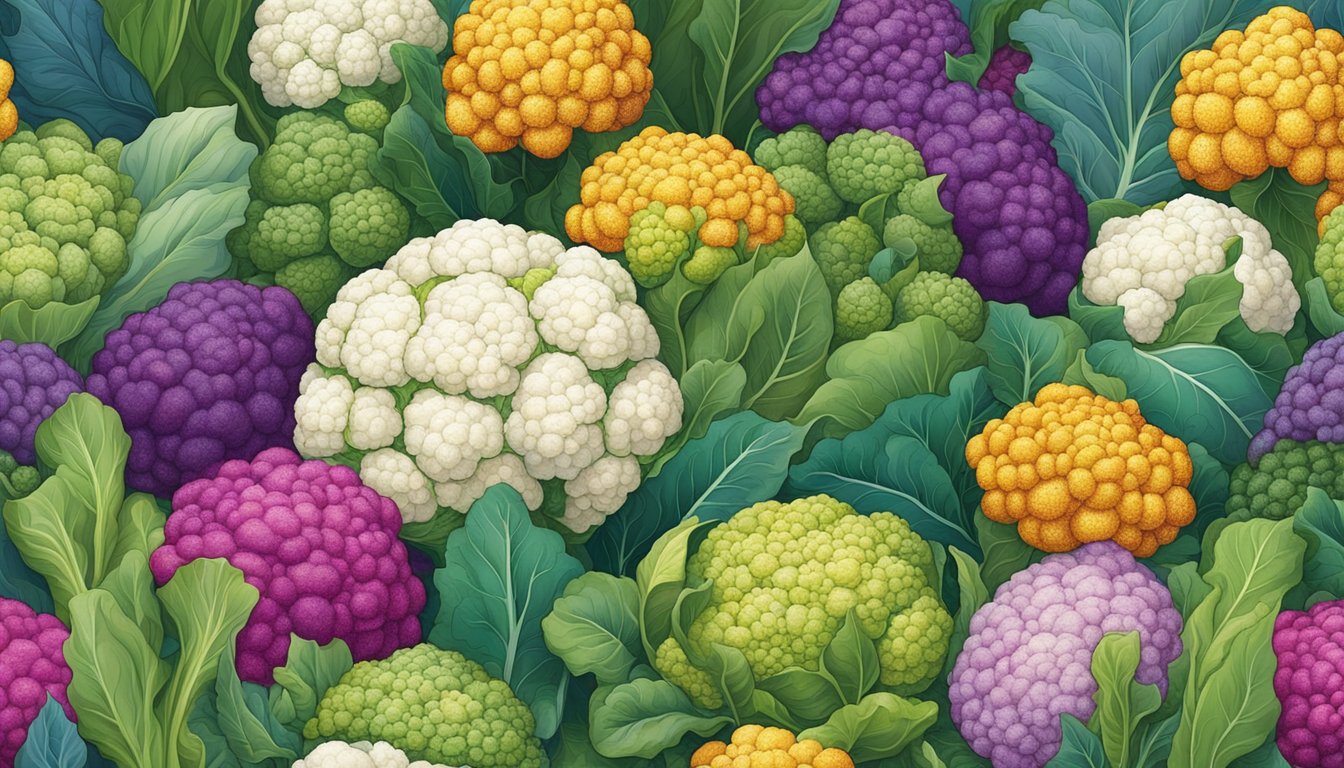 A vibrant garden with different types of cauliflower plants, showcasing their varying sizes, colors, and textures