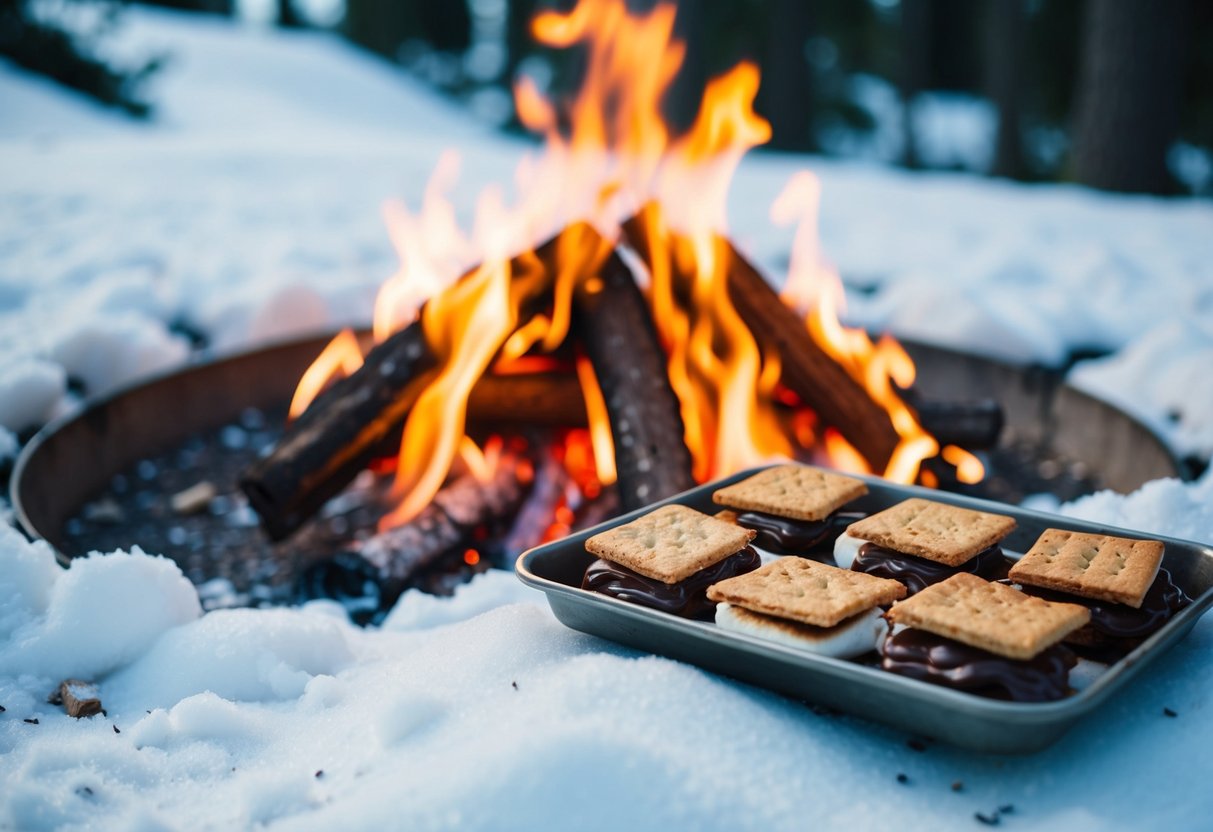 A cozy campfire surrounded by snow, with a tray of chili chocolate s'mores with a cayenne kick, ready to be roasted