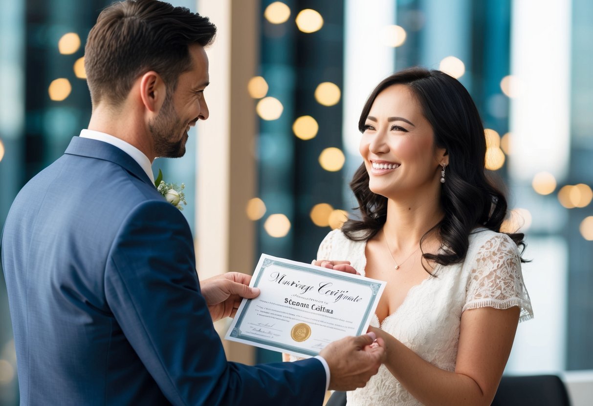 A man hands a marriage certificate to a woman, who smiles and embraces him