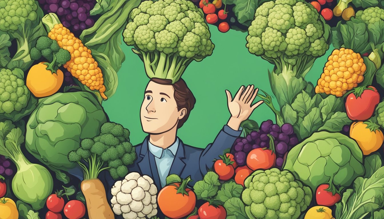 A person holding an unripe cauliflower, with a question mark above their head, surrounded by various fruits and vegetables