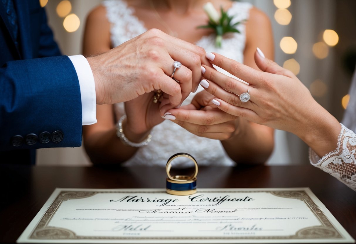 A man and woman exchanging wedding rings with their last names written on a marriage certificate