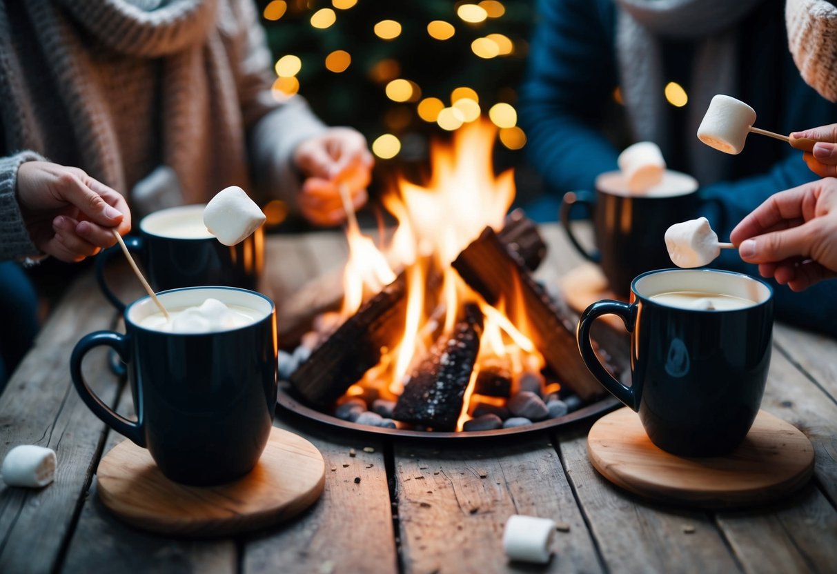 A cozy winter scene with a crackling fire, marshmallows roasting, and mugs of eggnog cream s'mores being enjoyed by friends and family