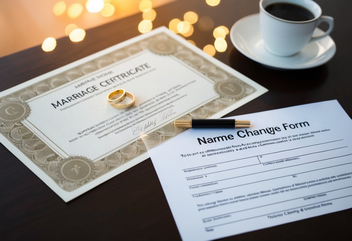 A marriage certificate and a name change form on a desk