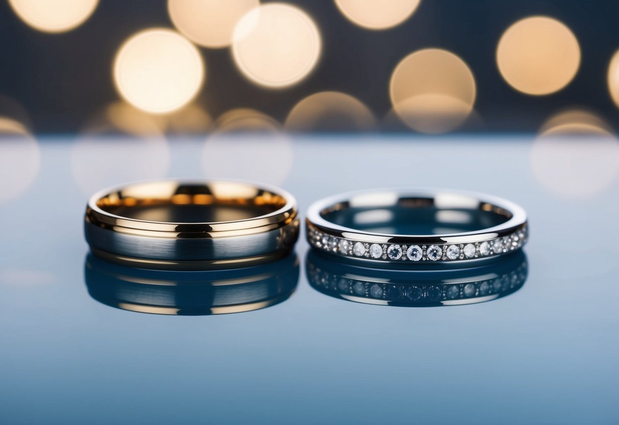 A set of matching wedding bands, one with a masculine design and the other with a feminine design, placed side by side on a smooth, reflective surface