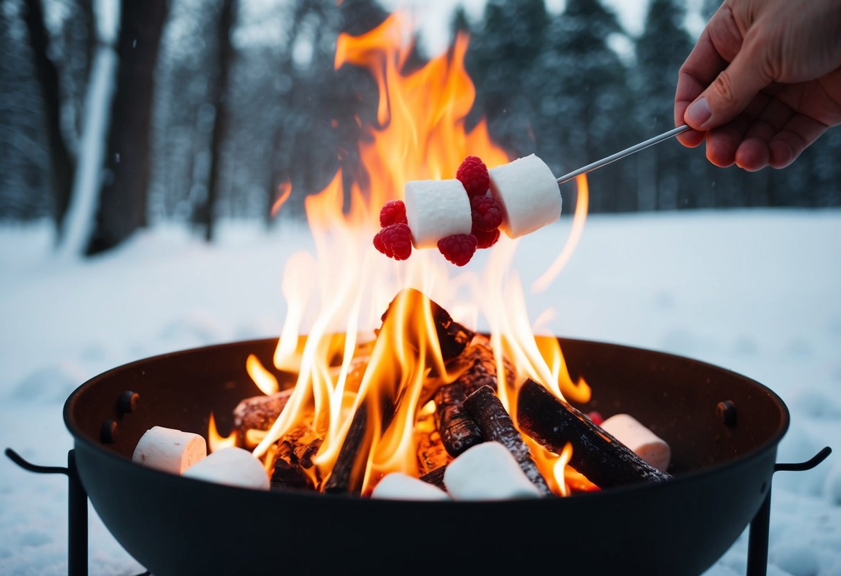 A crackling fire roasting marshmallows with raspberry and white chocolate, surrounded by snowy trees