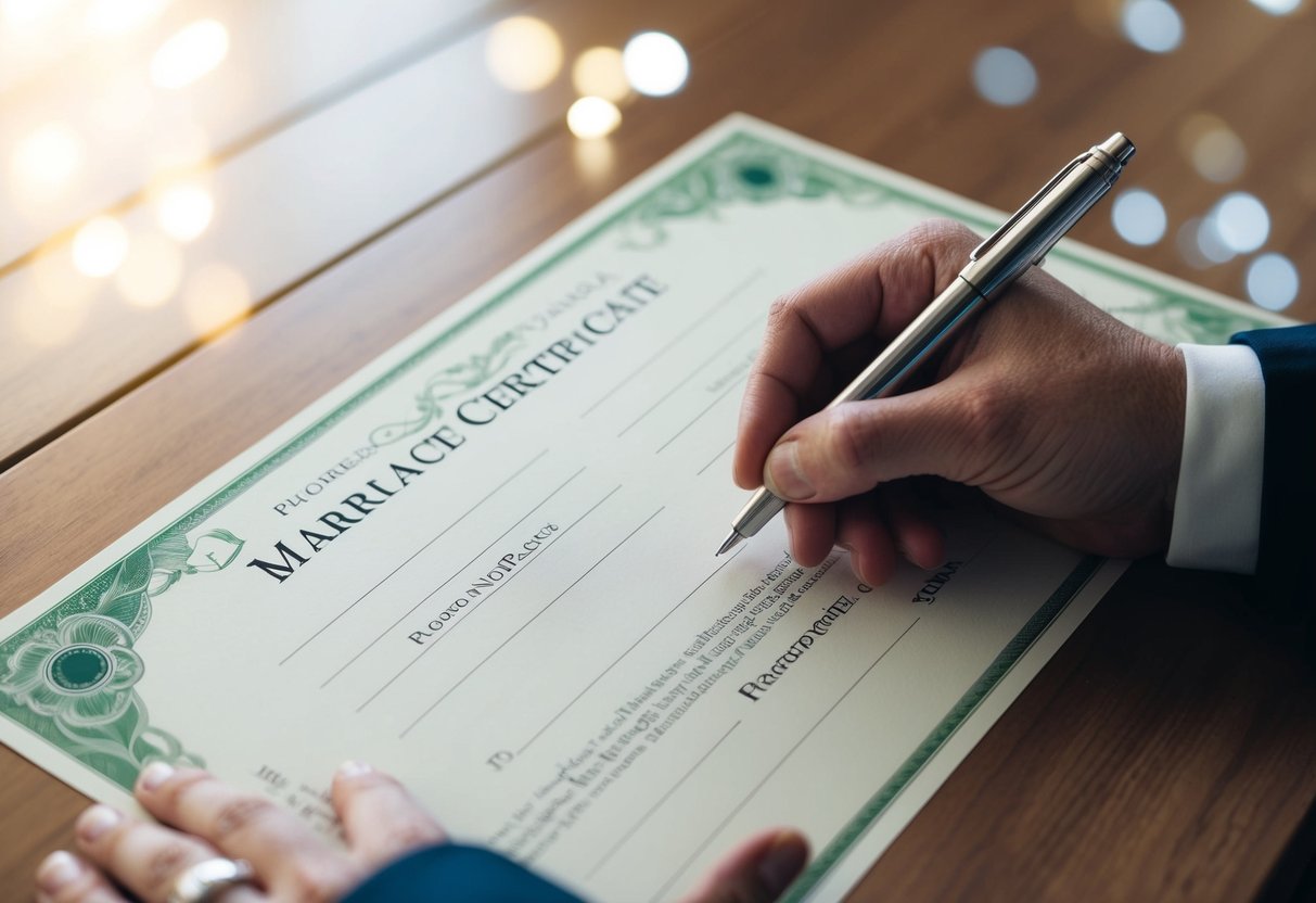 A marriage certificate with blank spaces for names, a pen hovering over the line