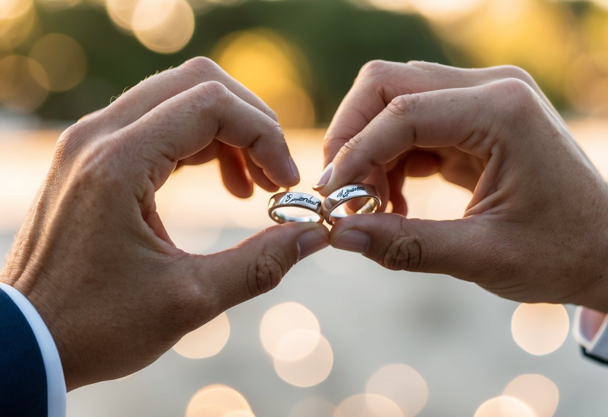 A couple exchanging rings with their intertwined last names engraved on them