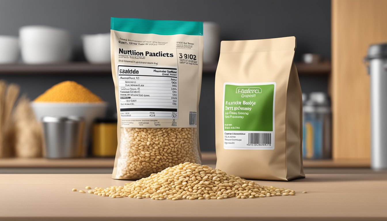 A bag of expired barley sits on a kitchen shelf, next to a nutrition label and a pile of fresh barley grains