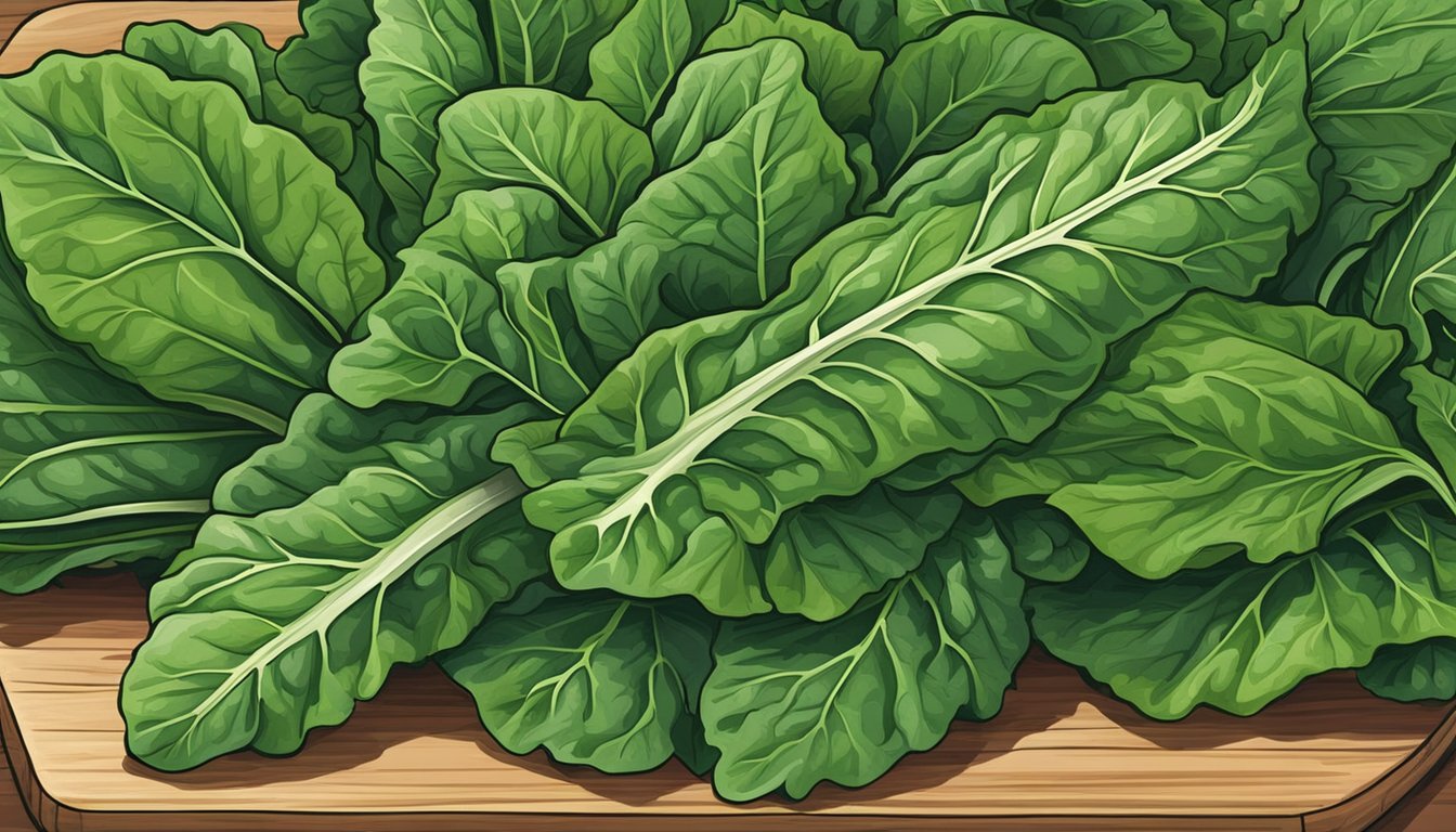 A bunch of collard greens with vibrant green leaves, some of which are unripe and lighter in color, displayed on a wooden cutting board