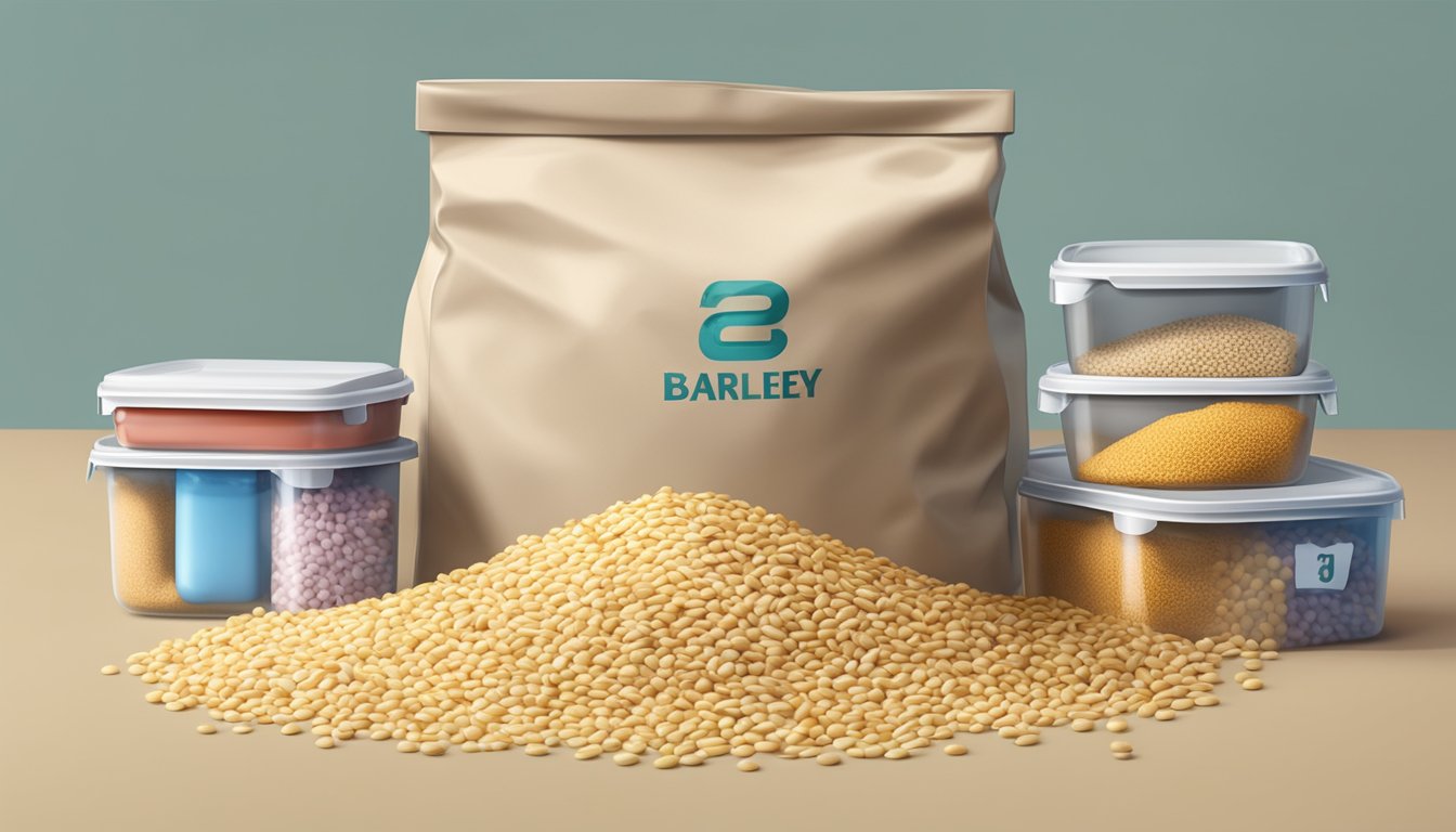 A bag of barley grains with a visible expiration date, surrounded by a variety of food storage containers and a calendar