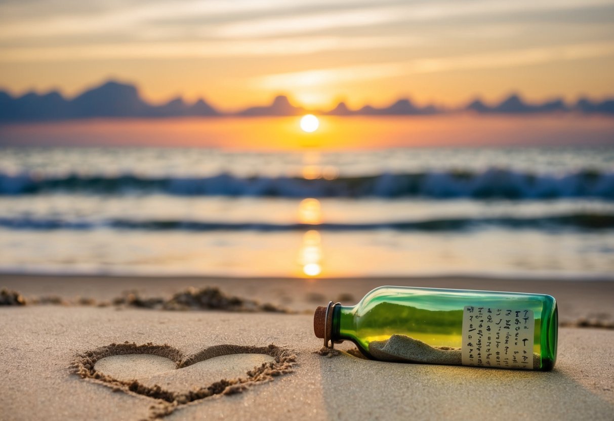 A beach with a sunset backdrop, a couple's initials carved in the sand, and a message in a bottle washed ashore