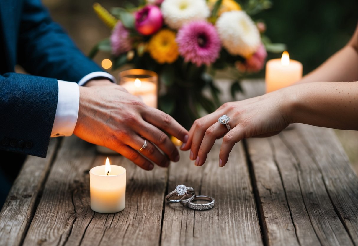 A couple's hands exchange two matching engagement rings on a rustic wooden table, surrounded by flowers and candles
