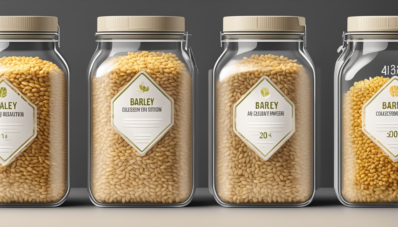 Barley stored in airtight container with label showing expiration date