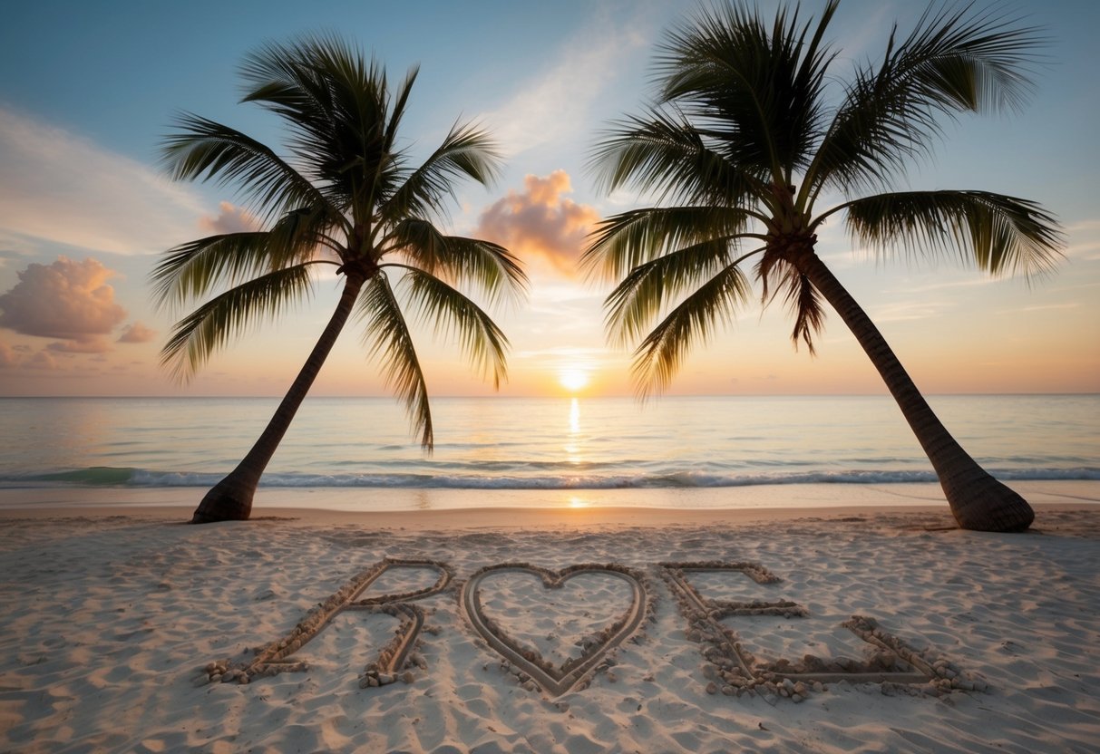 A tropical beach with a sunset, palm trees, and a couple's initials carved into the sand