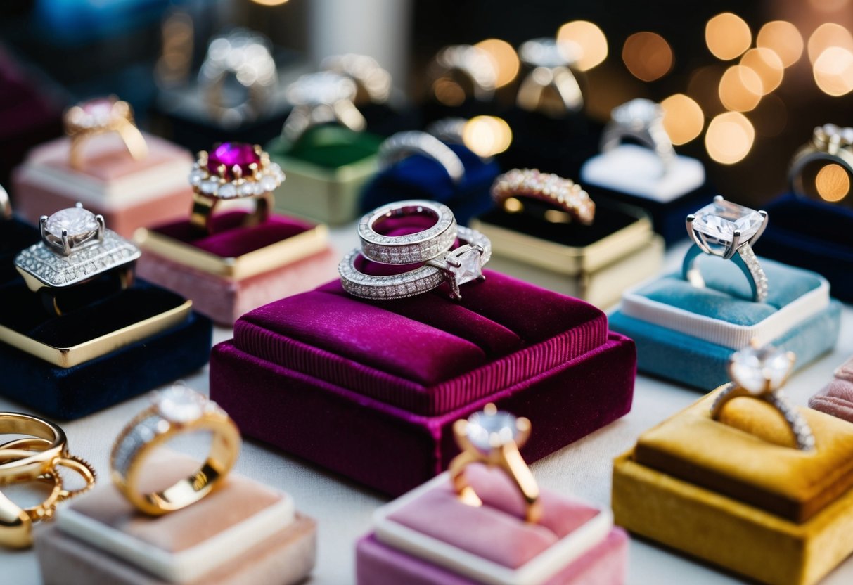 A diverse collection of engagement rings displayed on a velvet cushion, reflecting various styles and designs