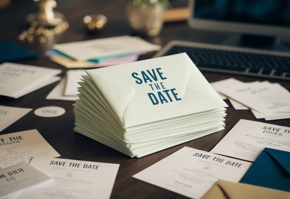 A stack of unopened envelopes labeled "Save the Date" sit on a cluttered desk, surrounded by scattered guest lists and invitations