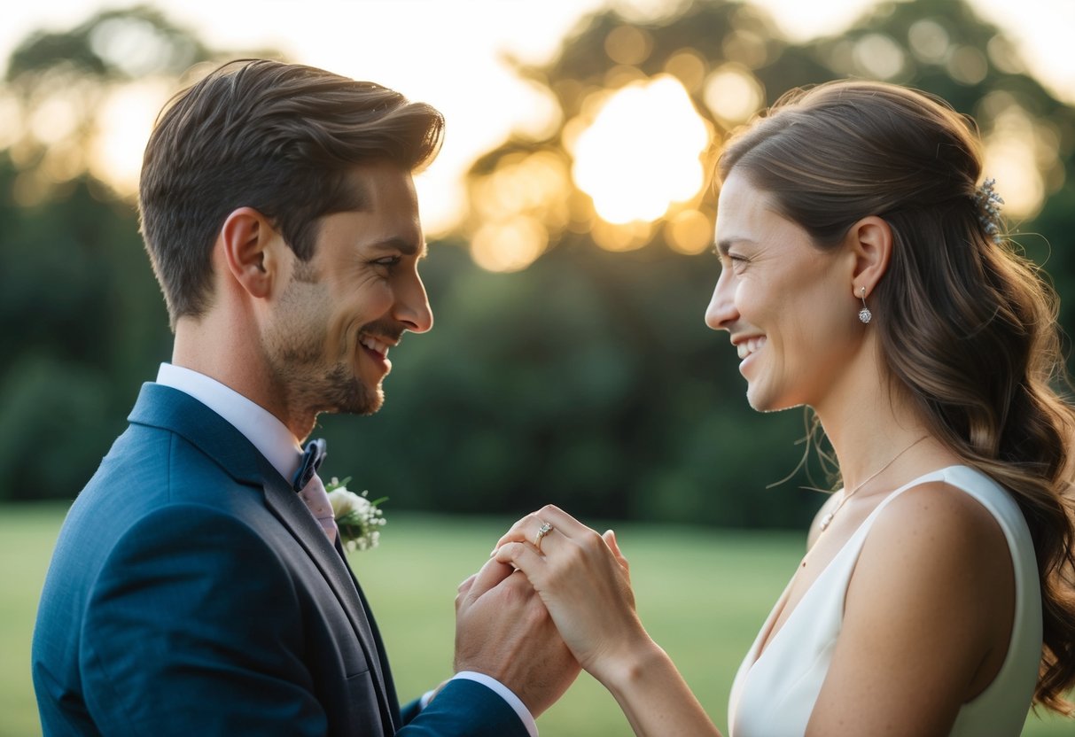 A man and a woman exchange rings, symbolizing their commitment and love for each other